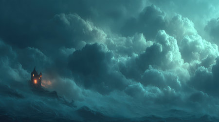 Haunted castle floats above stormy sea, surrounded by dark clouds and eerie lightの素材