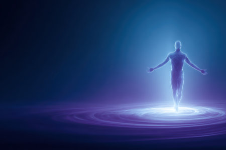 A futuristic humanoid ai levitating calmly above glowing ripplesの素材