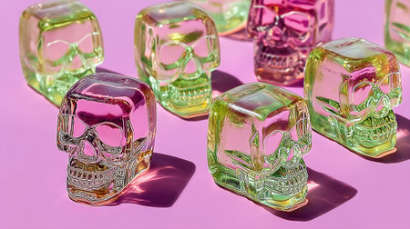 Colorful skull shaped candies create playful and vibrant display on pink backgroundの素材