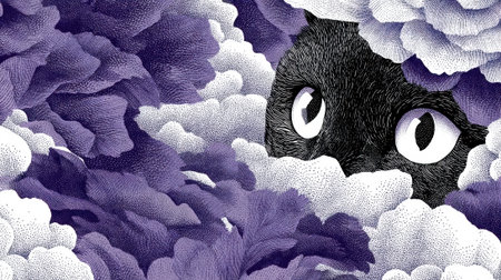 Mysterious black cat peeks through swirling clouds of purple and white flowers, creatingの素材