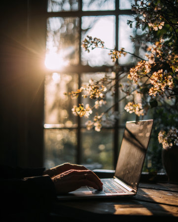 A person typing on laptop near sunlit window with blooming flowers, creating serene atmosphereの素材