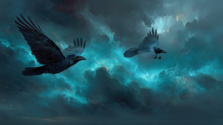 Flying birds soar through dramatic sky filled with dark clouds and vibrant blue tonesの素材