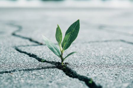 A green sprout emerges through crack in pavement, symbolizing resilience and growthの素材