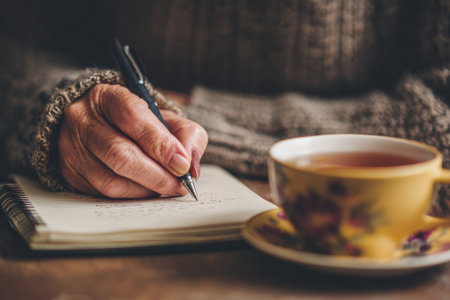 A person writes in journal with cup of tea nearby, creating cozy atmosphereの素材