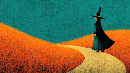 Witch in black cloak and hat walks along winding path through vibrant orange grassの素材
