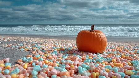 Vibrant pumpkin rests on beach covered in pastel candy, with waves gently crashing in backgroundの素材
