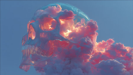 Surreal skull formed from vibrant clouds, creating dreamlike atmosphereの素材
