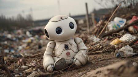 Small robot sits among piles of trash, showcasing its role waste management. This AI poweredの素材