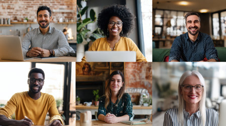 A remote team members smiling and collaborating modern workspace, showcasing diversityの素材