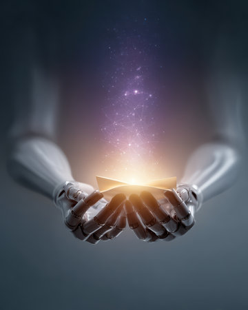 A humanoid robot hands holding glowing digital envelope futuristic conceptの素材