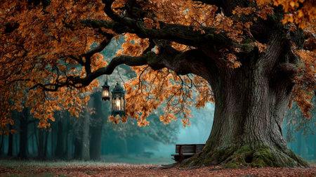 Majestic oak tree with vibrant orange leaves and lanterns hanging from branches, creating sereneの素材