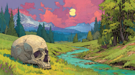 Vibrant landscape features large skull shaped rock beside flowing river, surrounded by lushの素材