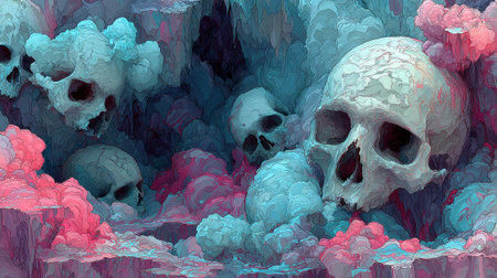 Surreal skulls emerge from vibrant clouds, creating striking and eerie atmosphereの素材