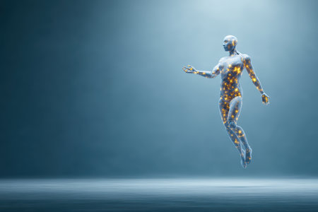 A futuristic humanoid ai levitating calmly with glowing lightsの素材