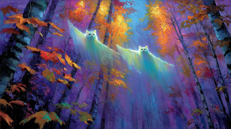Ethereal flying cats drift through vibrant, colorful forest filled with autumn leavesの素材