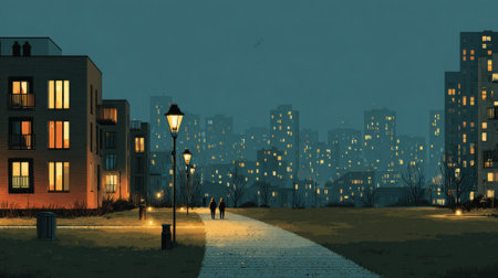 Serene evening scene smart city park, featuring people walking along pathway illuminated byの素材