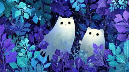Whimsical white cats surrounded by vibrant foliage create magical atmosphere in natureの素材