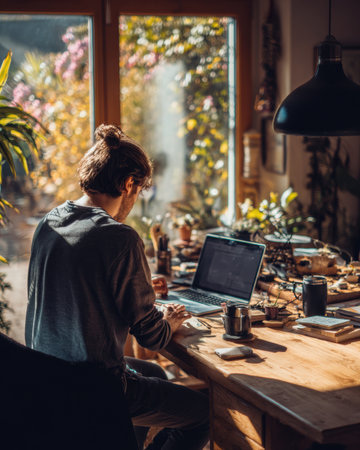 A young professional working remotely in cozy home office, surrounded by plants and natural lightの素材