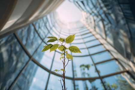 A sapling grows upward, reaching for light in modern glass atrium, symbolizing resilience and hopeの素材