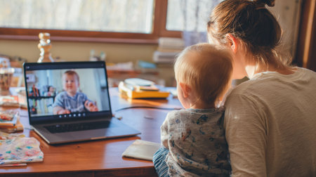 A parent on video call with toddler, sharing joyful moment togetherの素材