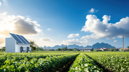 Sustainable energy solution with solar panels on farm, showcasing green crops and mountainsの素材