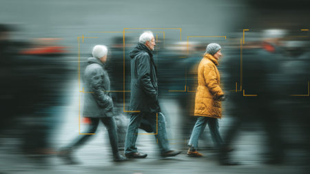 Walking pedestrians in busy urban environment, showcasing motion blur and density analysisの素材