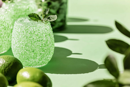 A refreshing lime and mint cocktail in textured glass, surrounded by fresh limes and greeneryの素材