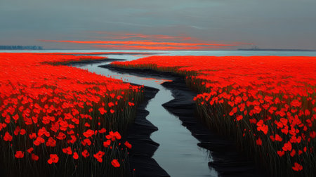 Vibrant red poppy flowers bloom across serene landscape, with winding river flowing throughの素材