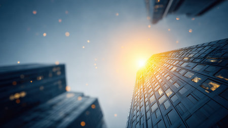 Stunning view of skyscrapers reaching towards sky, illuminated by bright sunの素材