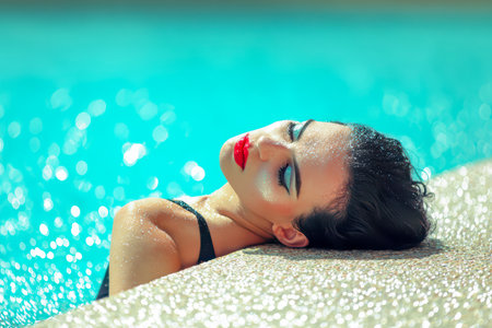 A relaxed woman sunbathing beside sparkling pool in summer moodの素材