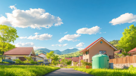 Serene neighborhood scene featuring houses, green grass, and blue sky with fluffy cloudsの素材