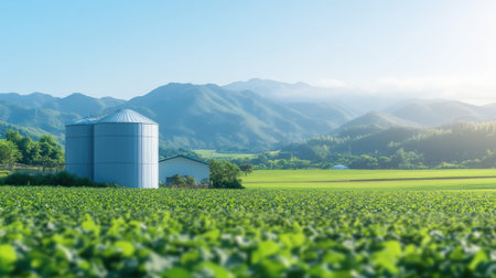 Serene landscape featuring silos and lush green fields clear blue sky, surrounded by mountainsの素材