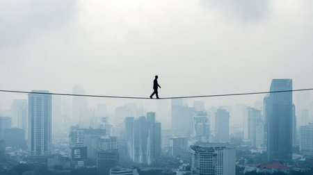 A person walking tightrope over urban skyline, showcasing balance and courage amidst cloudyの素材