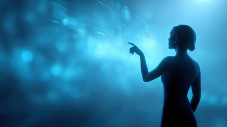A futuristic woman interacting with virtual interface technologyの素材