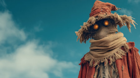 Surreal scarecrow with glowing gemstone eyes stands against blue sky, evoking sense of mysteryの素材