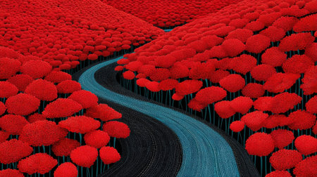 Vibrant red foliage surrounds winding river, creating striking contrast in nature beautyの素材