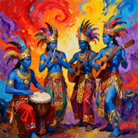 Digital painting of a group of indian dancers playing musical instruments.の素材