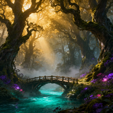 Wooden bridge over the river surrounded by green moss and purple flowersの素材