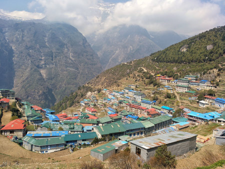 Namche Bazaar, Nepal - May 8th 2019: Namche Bazaar view in Solukhumbu Valley during the trekking to...