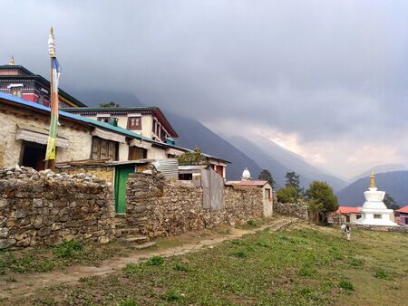 Tengboche, Nepal - May 2019: Tengboche panoramic during the trekking to everest base camp, Sagarmatha National Parlのeditorial素材