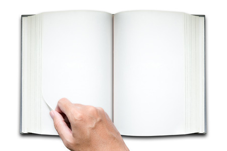 Hand open book isolated on white backgroundの写真素材