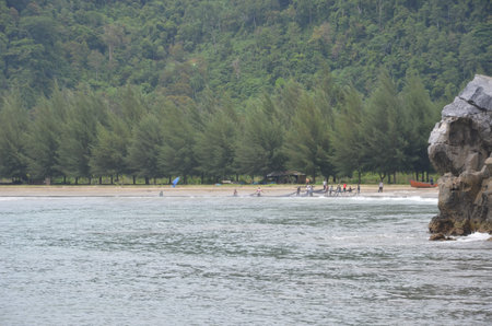 view fishermen pulling boats together on the beach
