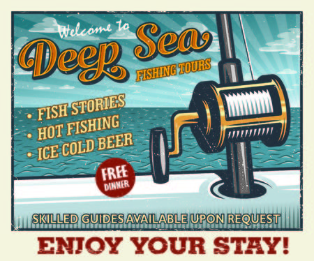 Vintage deep sea fishing poster with fishing rod in the open sea on the boat. With grunge texture. Layered, separate text and texture.のイラスト素材