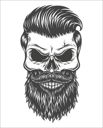 Monochrome illustration of skull with beard, mustache, hipster haircut. Isolated on white backgroundのイラスト素材