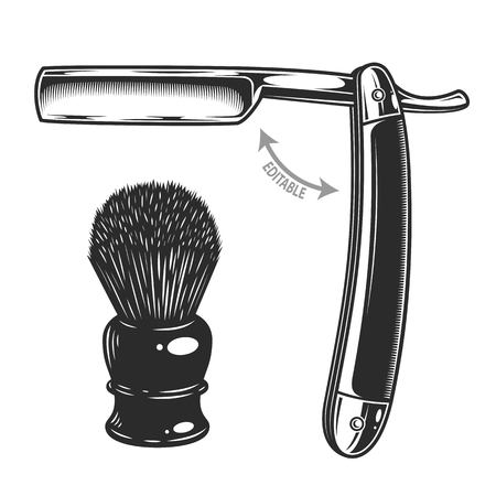 Monochrome illustration of straight razor and shaving brush. Isolated on white backgroundのイラスト素材