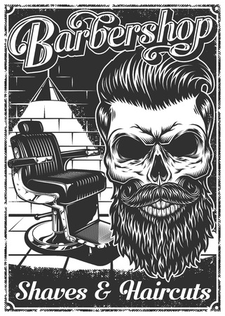 Vintage barbershop poster with barber chair, skull, text, and grunge textureのイラスト素材