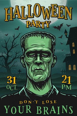 Halloween party poster with monster, zombie, house, tree and batsのイラスト素材