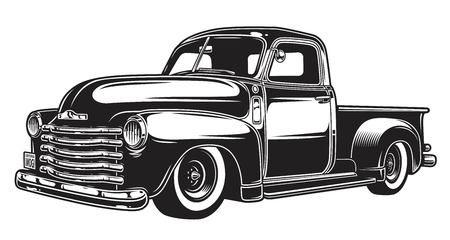 Monochrome illustration of classic retro style truck. Isolated on white.のイラスト素材