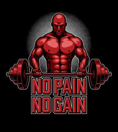 Bodybuilding poster in red with barbels and muscle manのイラスト素材