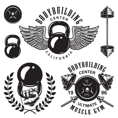 Set of bodybuilding emblems with wreath wings and sport equipment in black colour. Vector illustrationのイラスト素材